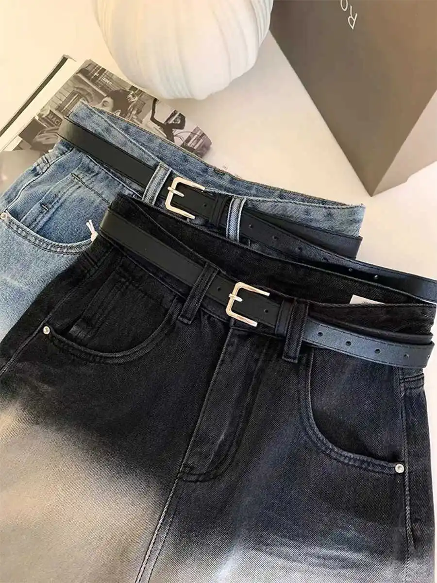 Gradient Five Quarter Denim Shorts High Waist Elastic Straight Jeans Summer Thin Loose Wide Leg Short Pants Oversized S-3XL