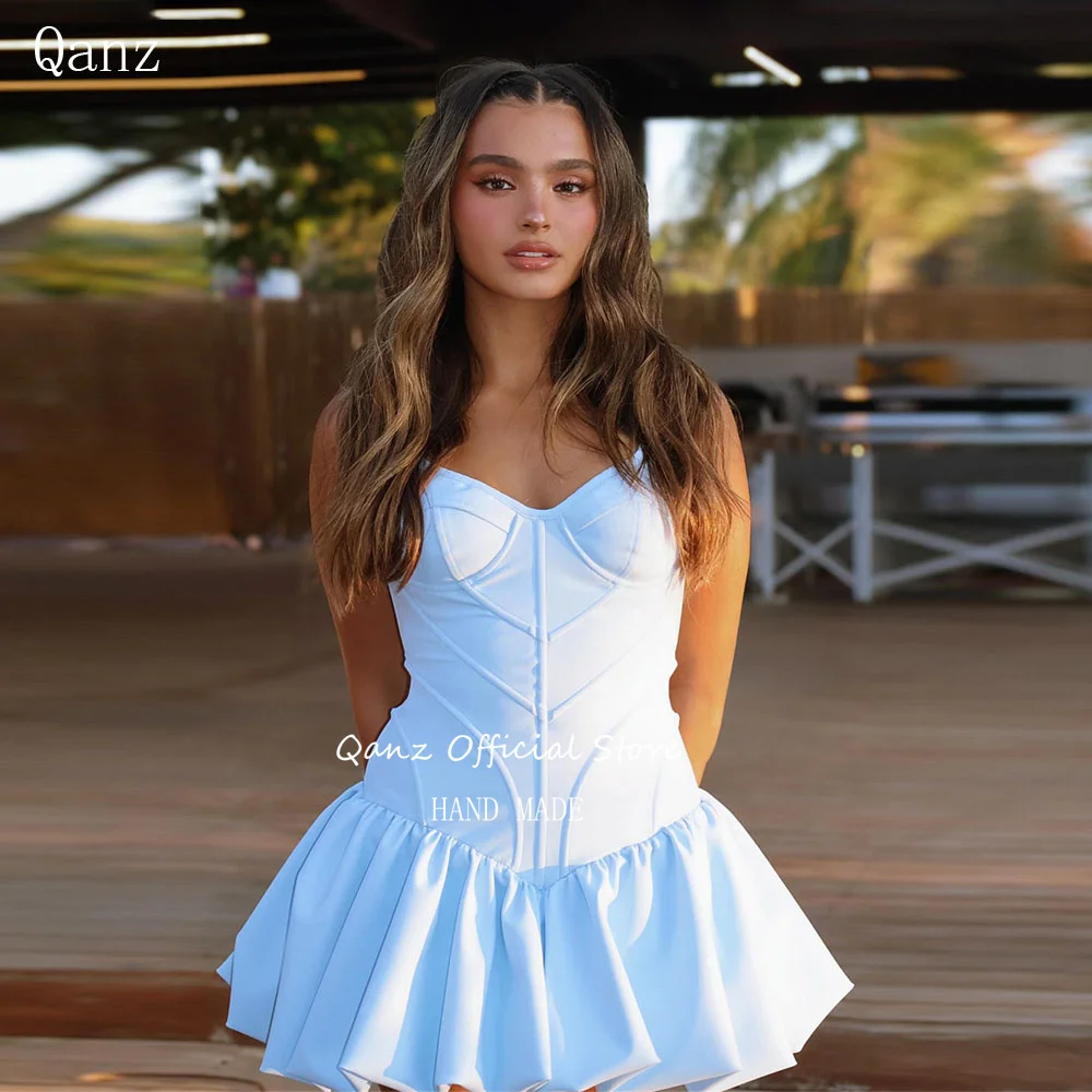 

Qanz Sky Blue Satin Prom Dresses Sweetheart Short Mini A Line Vestido De Graduación De Mujer Sexy Backless Party Gown Customized