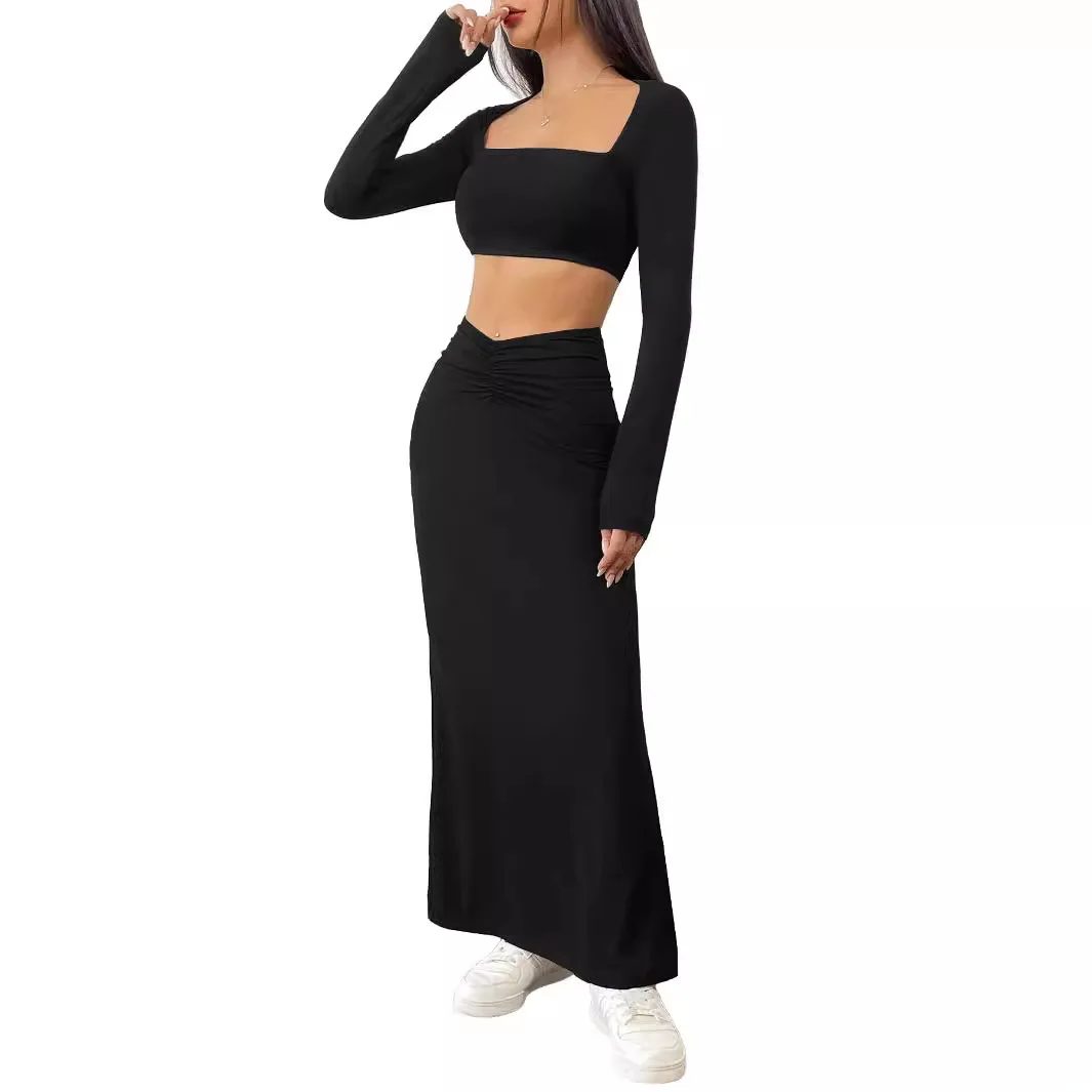 Women\'s Autumn and Winter New European and American Solid Color Casual Long-Sleeved Square Neck Navel Fashionable Long Skirt