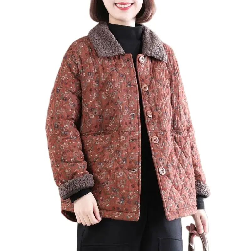 Retro Floral Cotton Coat Middle-Aged Elderly Women\'s Winter Jacket New 2023 Loose Lapel Short Cotton Clothes Quilted Overcoat