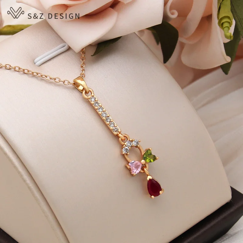 S&Z DESIGN New Fashion Long Colorful Heart Cubic Zirconia Bow Dangle Earrings Jewelry Sets For Women Gold Color Pendant Necklace