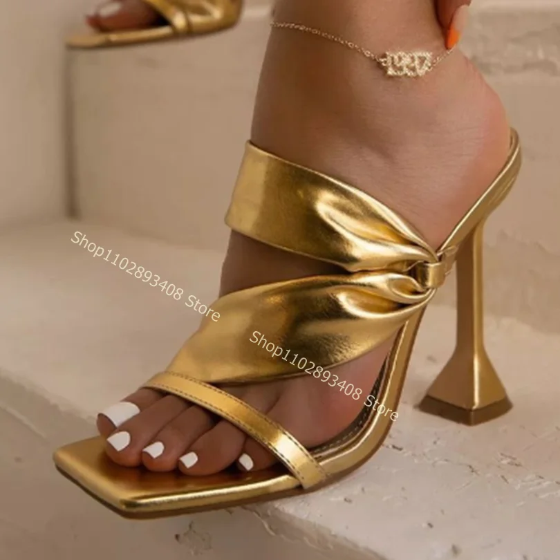 

Gold Square Toe Cross Band Slippers Solid Shallow Slip on Wine Glass Heel Women Summer Shoes Fashion Sexy Shoes Zapatillas Mujer