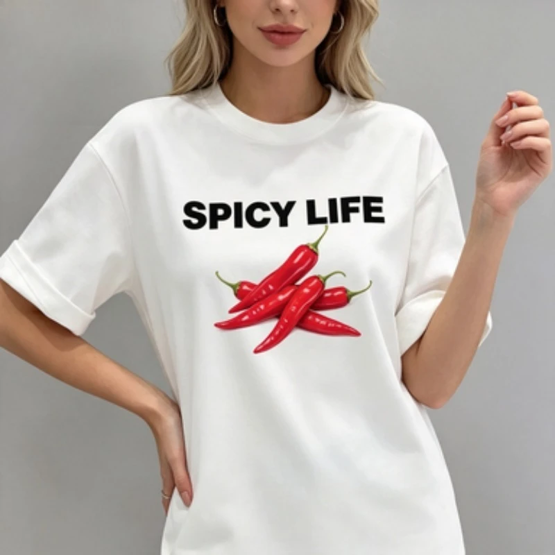 Food Lover Women 100% Cotton Tshirt Realistic Red Hot Chili Spicy Life Quote Simple Letter Casual Short Sleeve Tees