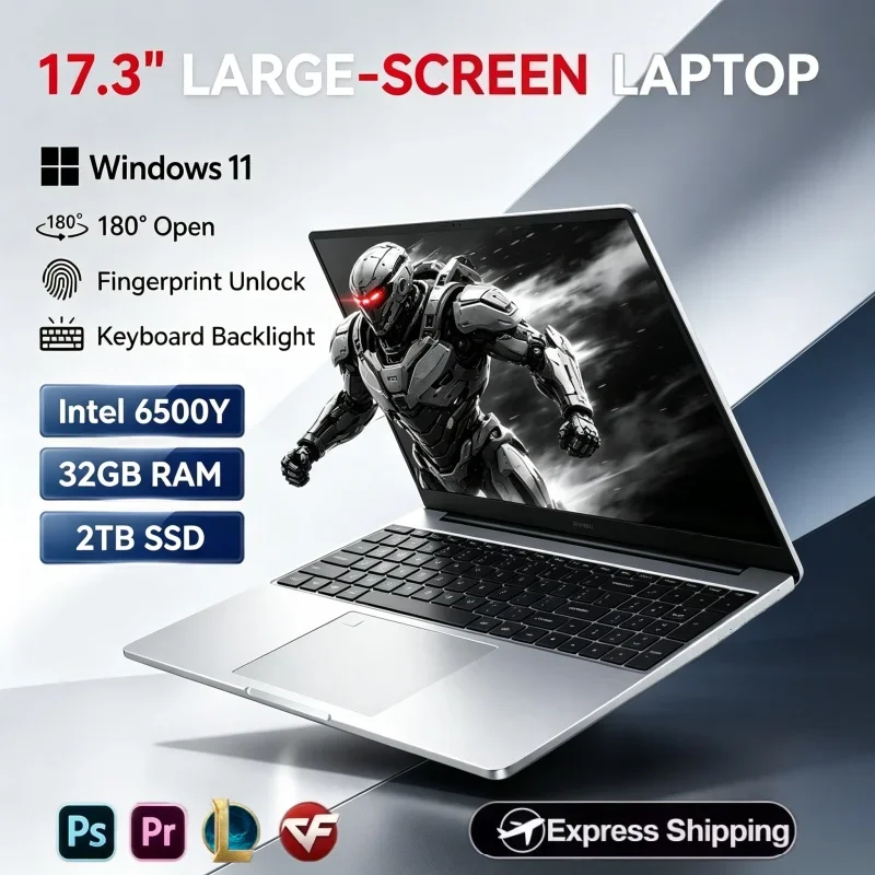 17.3 Inch Intel 6500Y Notebook PC 32GB RAM 2TB SSD Win 11 Fingerprint Recognition Laptop For Business Trip & Entertainment