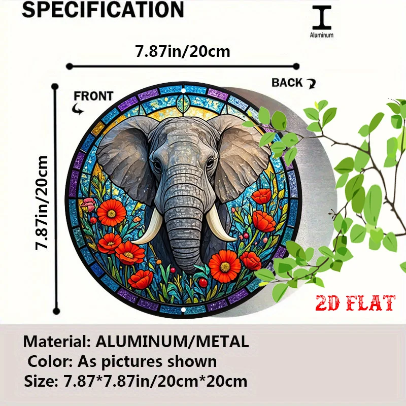 2D Flat - Round Sign Featuring a 2D Flat Elephant Design , Adorned with a Floral Pattern And Vibrant Colors， Metal Sign
