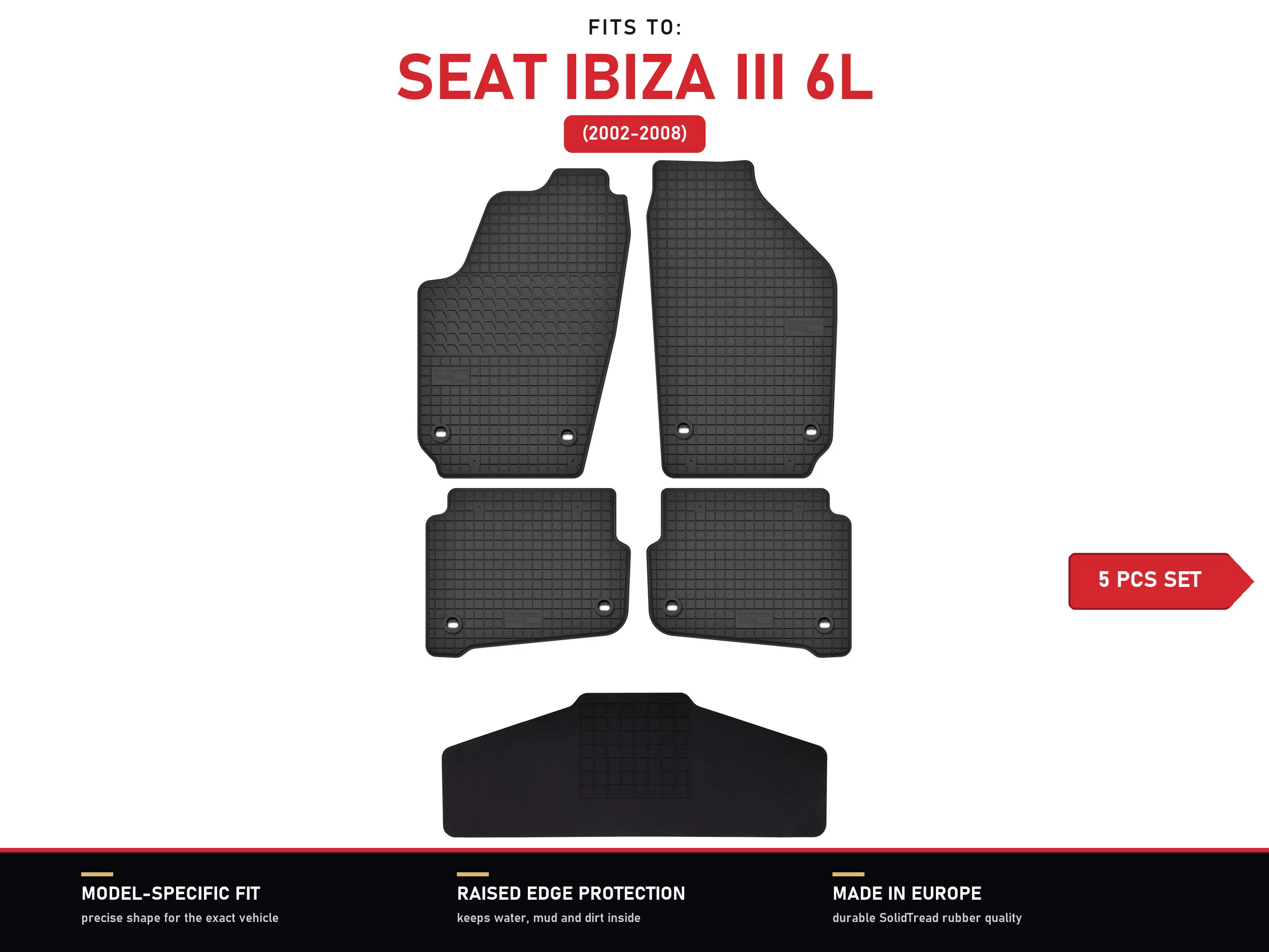 Rubberen vloermatten met tunnel voor: Seat Ibiza III 6L 2002-2008, 5 stuks