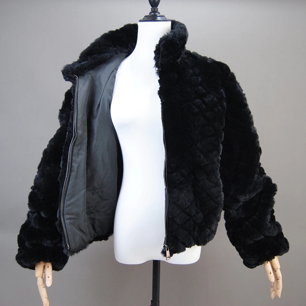 2024 Black Fashion Short Real Rex Rabbit Fur Jacket with Lapel Collar Woman Winter New Genuine Rex Rabbit Fur Coat Outwear