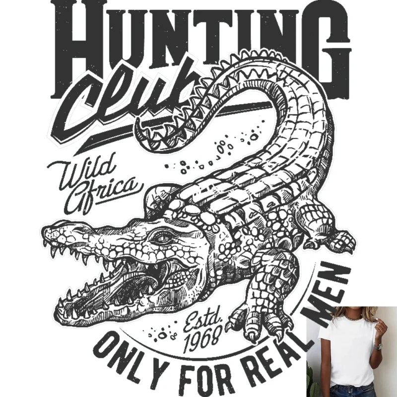 Vintage Crocodile Hunting Club Heat Transfer White Ink Iron - on Patch, Suitable for T - shirts, Canvas Bags, Show Wild Trend