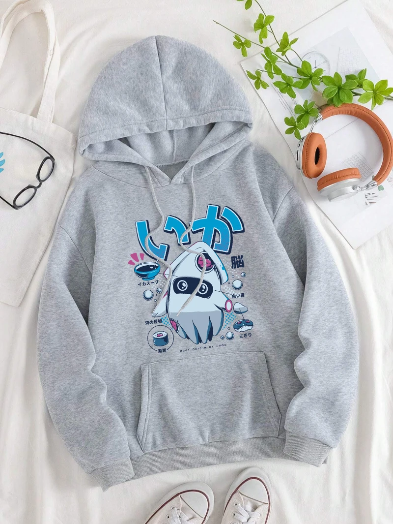 Japanese Harajuku Sushi Hoodie Women Cartoons Printing Tops Loose Fleece Warm Pocket Pullover Winter Comfortable Woman Clothes