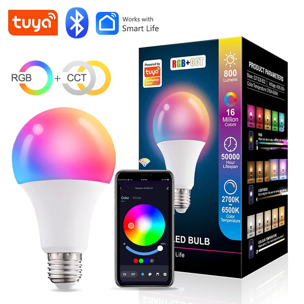 Tuya E27 Led Light Bulbs Bluetooth Smart Bulb 15W Color Changing Light Dimmable RGB Led Lamp AC 85-265V Smart Life App Control