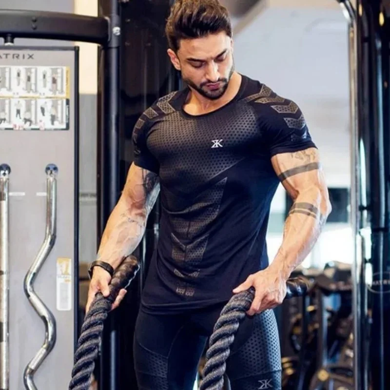 Men Compression Skinny T-shirt Gym Fitness Bodybuilding Shirt Male Summer Running Workout Quick Dry Tees Tops Training Clothing