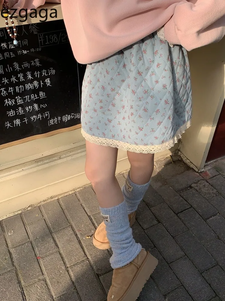 

Ezgaga Sweet Mini Skirts Women Floral Printed Lace Patchwork 2025 Autumn Winter Sweet High Waist Fashion Skirt Ladies Casual