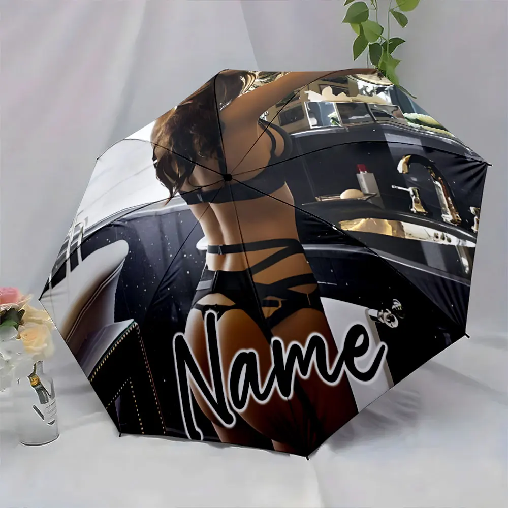Custom Name Fashion girl Fashion Design Print 8 Iron Ribs Folding Umbrella, Auto-Open Fashion Sunshade