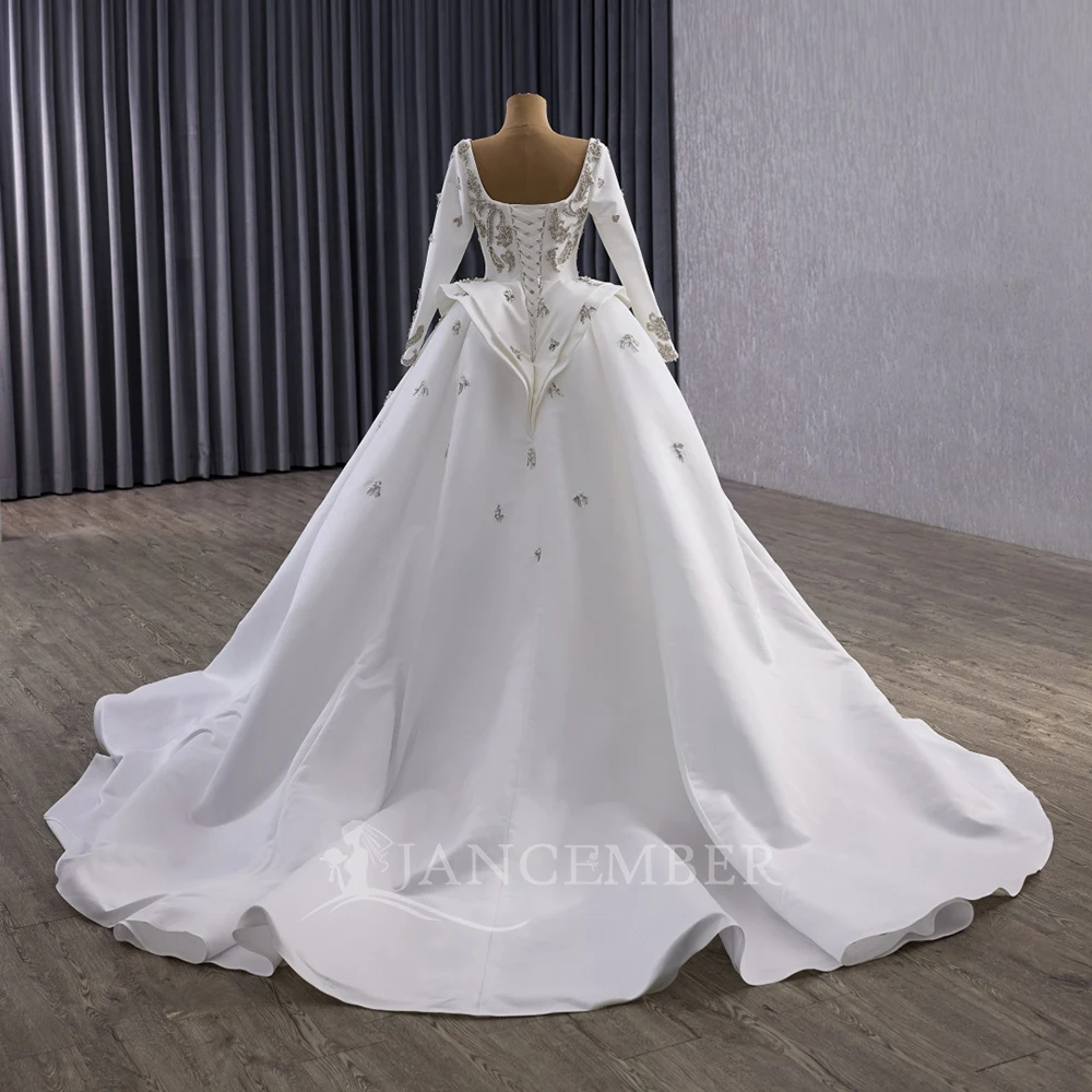 Princess Wedding Dress Long Sleeves Satin Square  Perfect Collar Court Train A-line Bridal Gowns Customized فساتين حفل