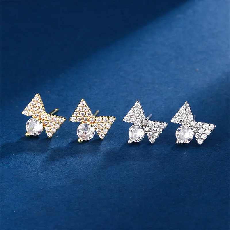 Trendy Shiny Zircon Bowknot Stud Earrings for Women Gold Silver Color Sweet Versatile Earring Party Jewelry Accessories