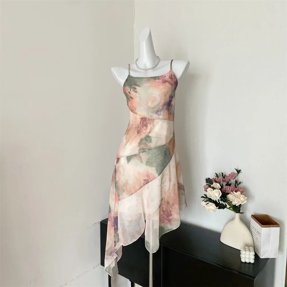 Summer Harajuku Design Spaghetti Strap Dress 2024 New senza maniche elegante abito floreale Sexy abiti da fata asimmetrici donna