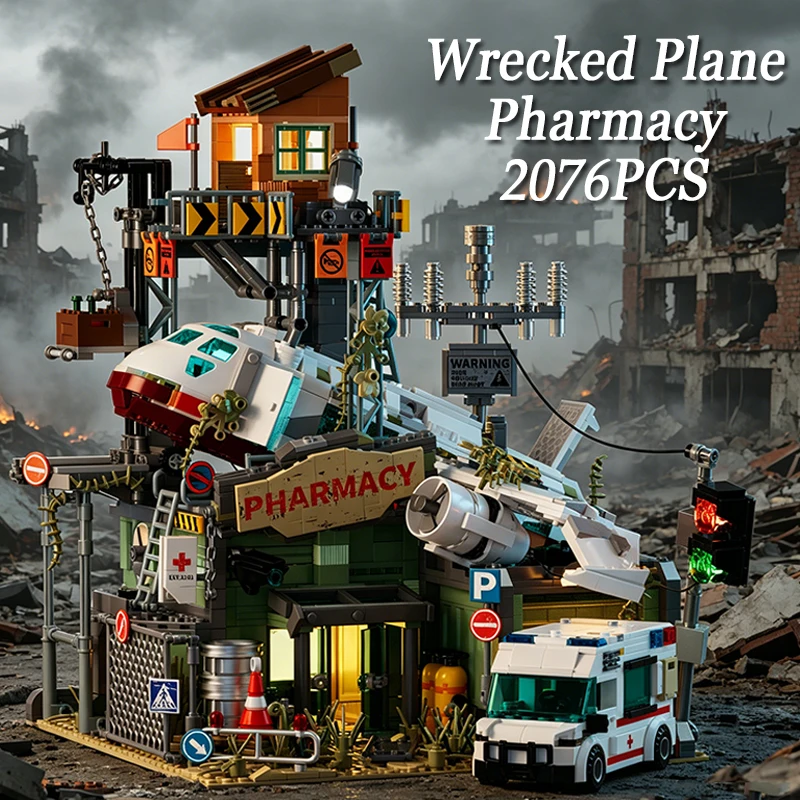 2076-teiliger Bausatz: Zerstörtes Flugzeug und Apotheke - Stadtansicht-Architektur Modulare Bausteine Ornament Kreatives Geschenk