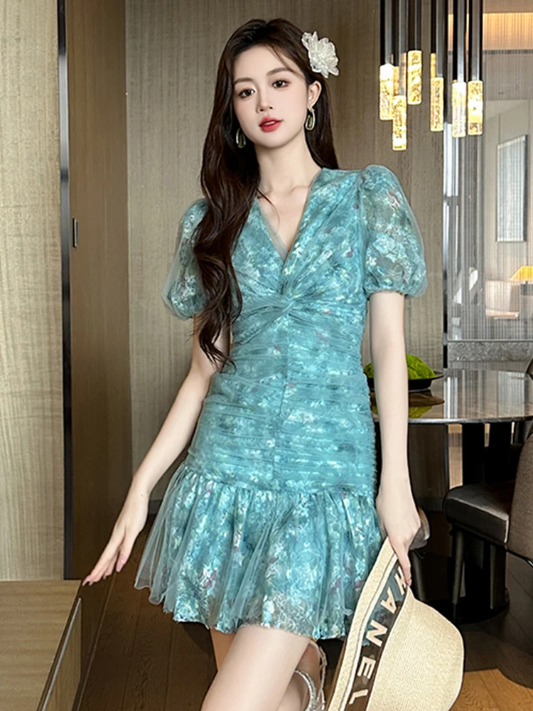 blue mesh puff sleeve dress Women Mesh Dress Midi Long Puff Sleeve Sheer Polka Dots Retro Party Cute