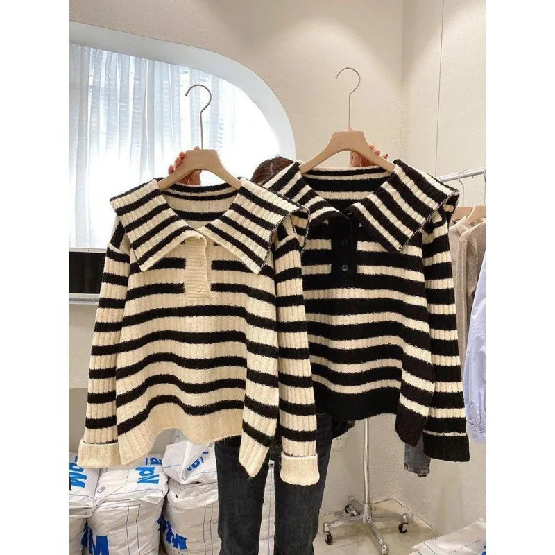 Sailor Collar Striped Knitted Sweater Women's New Loose Versatile Pullover Spring Autumn Korean Version Long Sleeve Top