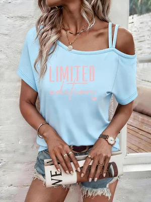 Printed Y2K Style Spring and Summer Hot-Selling Women's Fashion Casual Sports One-Shoulder Strap Short-Sleeve Top