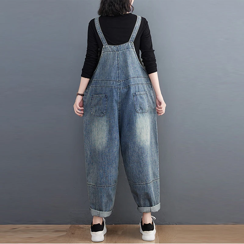 Loose Wide Leg Denim Jumpsuits Women Casual Streetwear Straight Big Size Overalls Single Breasted Mom Jeans Straps Cargo Pants