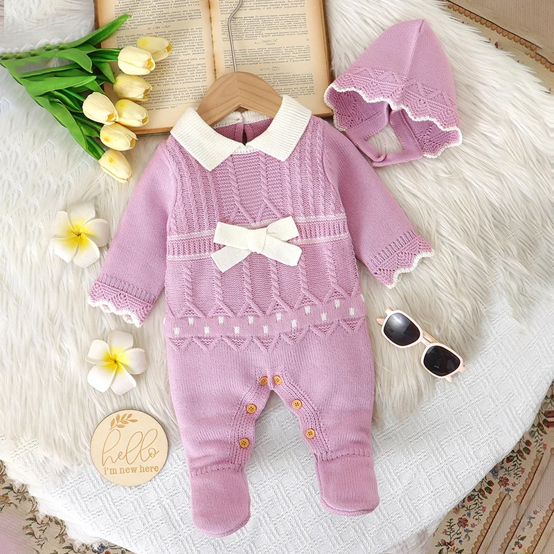 Baby Romper Knit Newborn Girl Jumpsuit Long Sleeve Autumn Foot Wrap Infant Child Clothes Hat 2pcs Fashion Bow 0-9M Overalls Warm