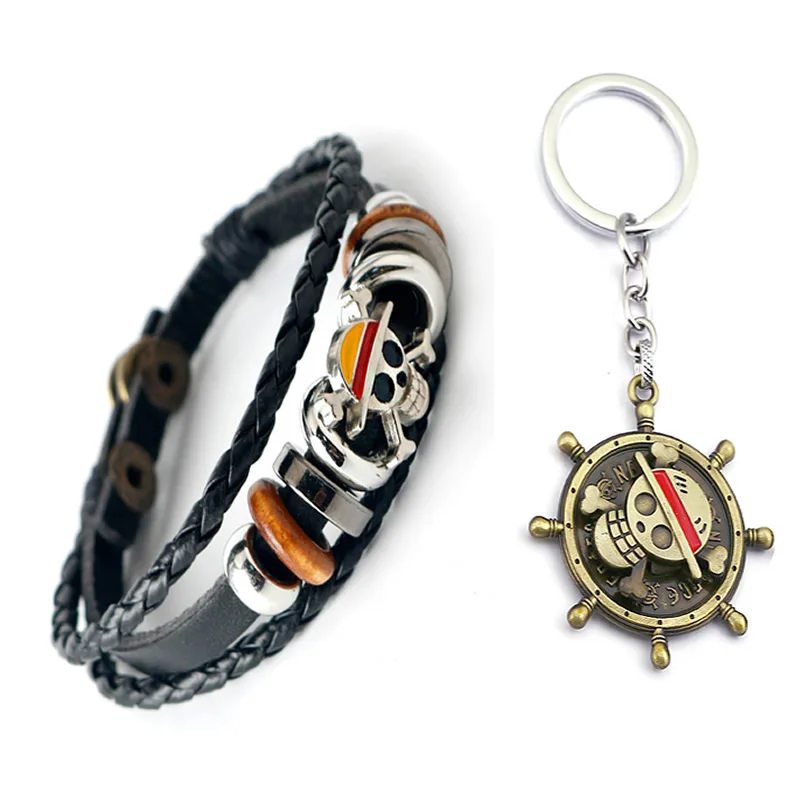 2pcs Pirates Straw Hat Luffy Bracelet + Keychain with Rotatable Cosplay Exquisite Wristband Accessories