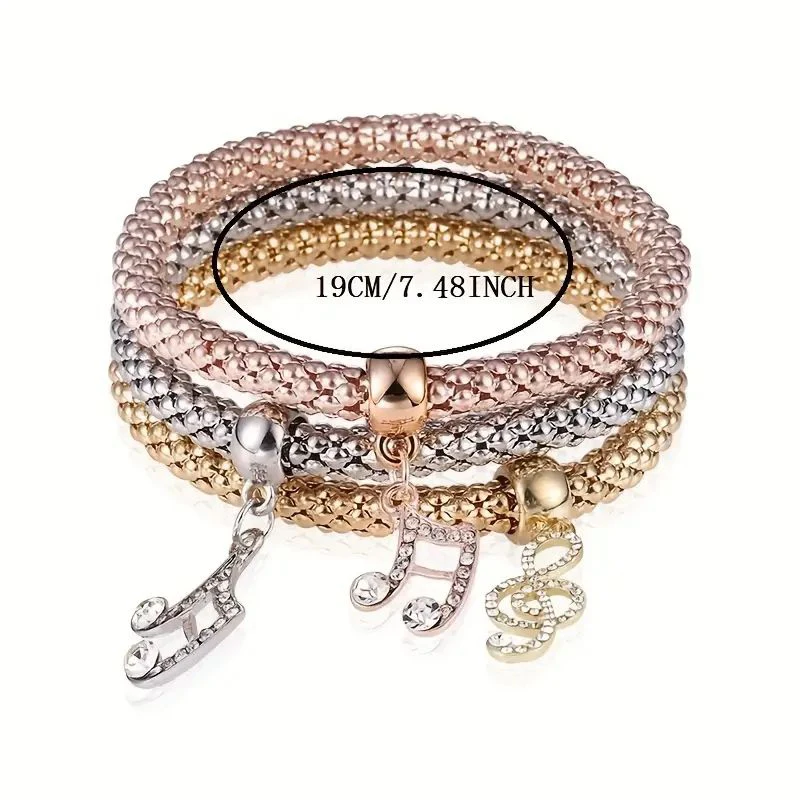 3-teiliges Set Herz-Schloss-Schlüssel, Musikzeichen, Charm-Armband, Eule, Rosévergoldung, silberfarbene Kette, Owm-Charm-Armreif, Schmuckset – Detail 4