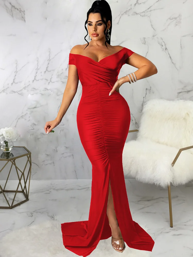 

2023 Summer Dresses for Women Sexy Fashion Solid Off Shoulder V-Neck Evening Dress Vestidos De Mujer Elegant Maxi Robe Female