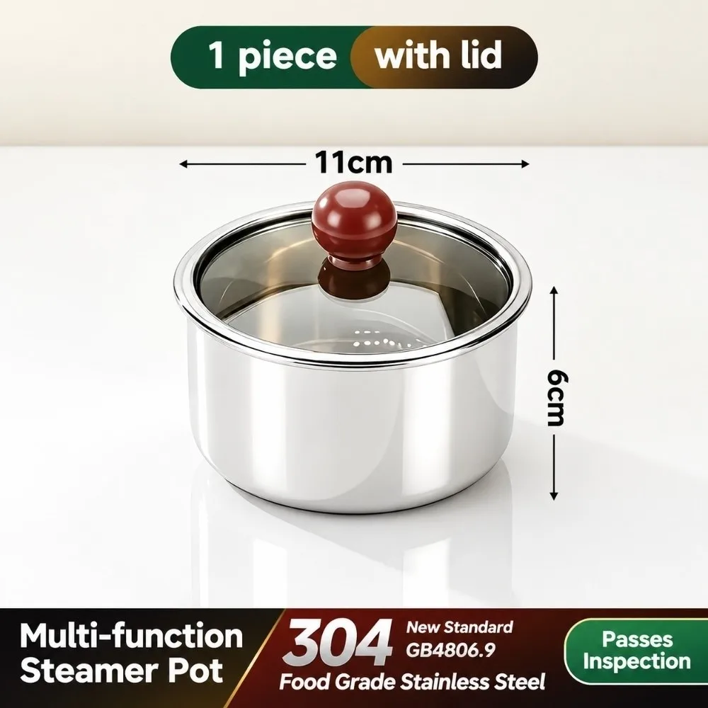 304 Stainless Steel Steamed Egg Bowl 11cm with Lid Steamed Rice Bowl Thickened Broken-resistant Snacks Bowls