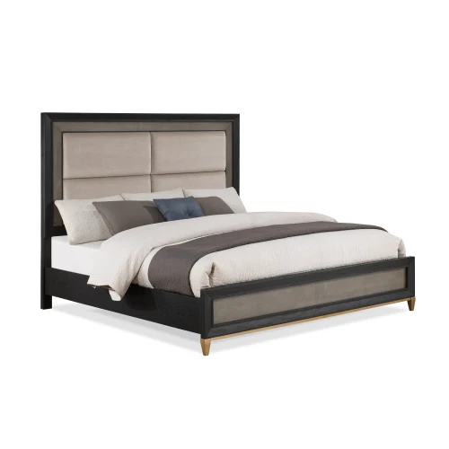 

# Size Adjustable Velvet Upholstered Panel Bed Headboard Black Brown Finish Gold Legs Solid Wood Bedroom Furniture