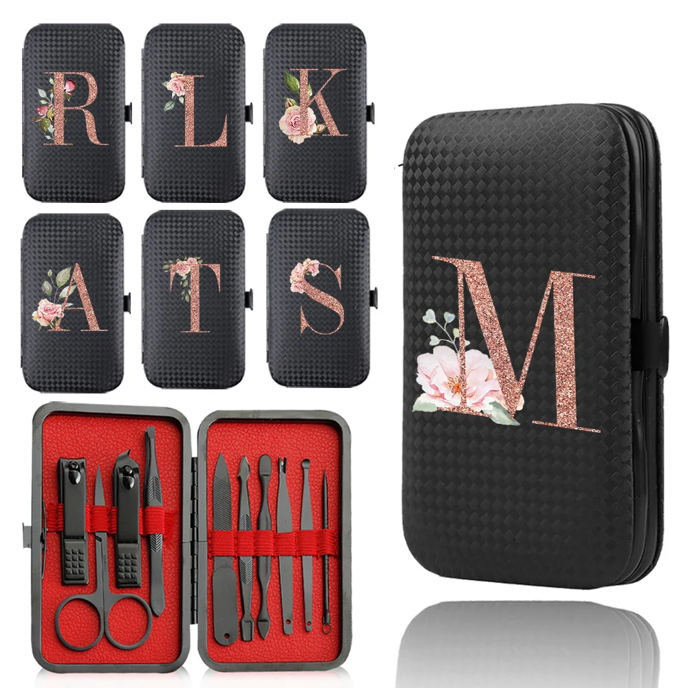 

10Pcs Stainless Steel Manicure Nail Clipper Set Pedicure Kit Portable Case Organizer Grooming Nail Tool Rose Gold Letter Pattern