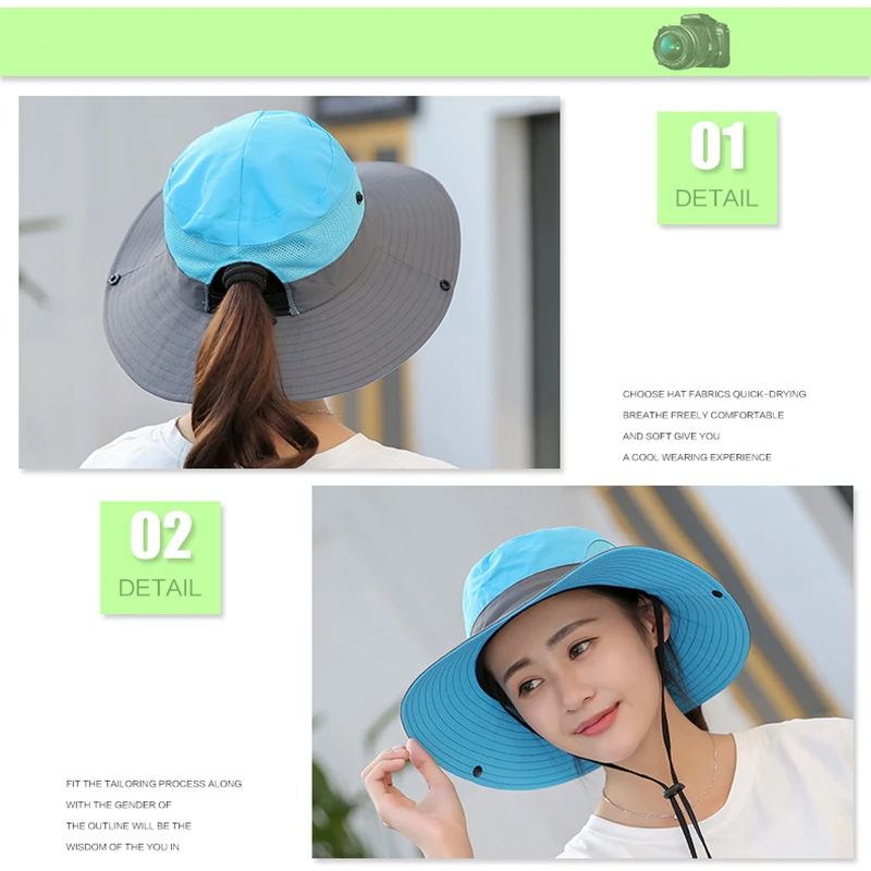 Bucket Hats for Women UV Protection Foldable Horsetail Hole Fisherman\'s Hat Big Wide-Brim Visor Men Fishing Hunting Climbing Cap