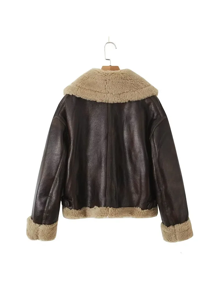 LIBIELIY 솔리드 컬러 느슨한 두꺼운 따뜻한 옷깃 모조 양가죽 겨울 새로운 긴팔 오토바이 자켓 여성 가죽 자켓