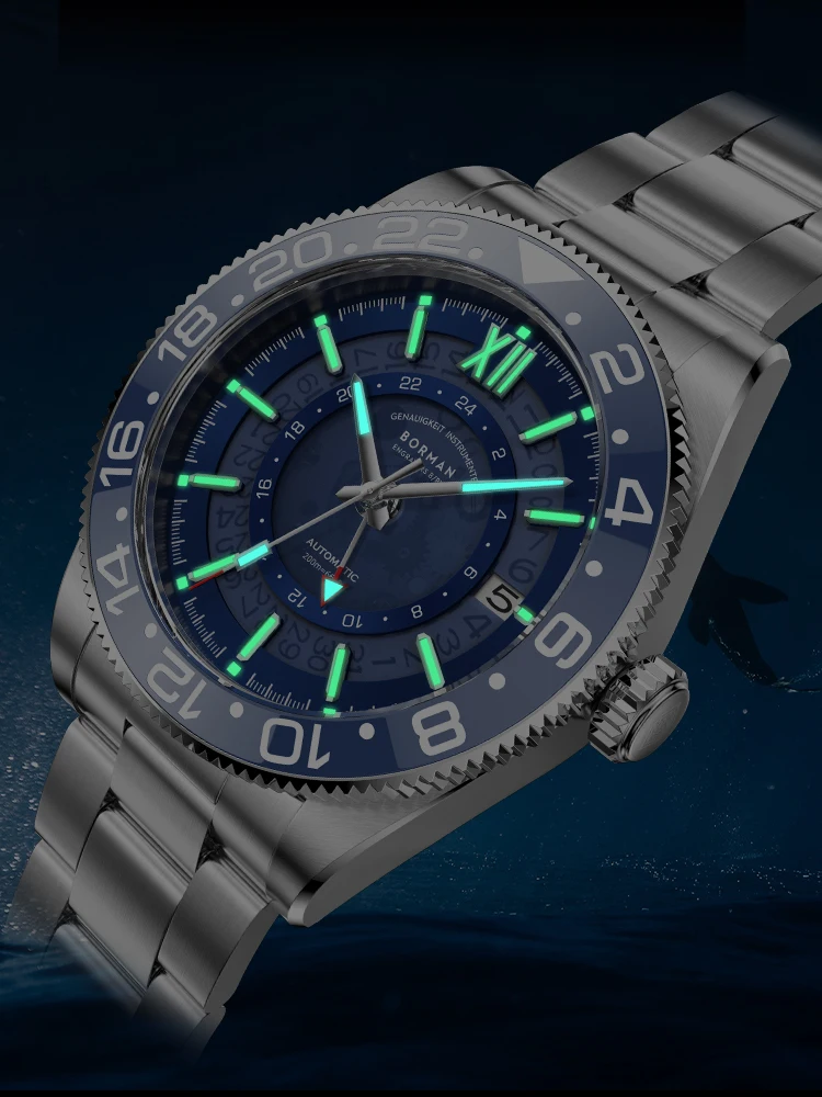BORMAN Men Automatic Watch 40mm GMT Mechanical Wristwatch C3 Luminous 50M Waterproof Sapphire NH34 Ceramic Bezel