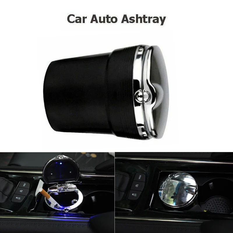 Car LED Smokeless Stand Cylinder Auto Travel Cigarette Ash Cup Holder Ashtray Universial Black