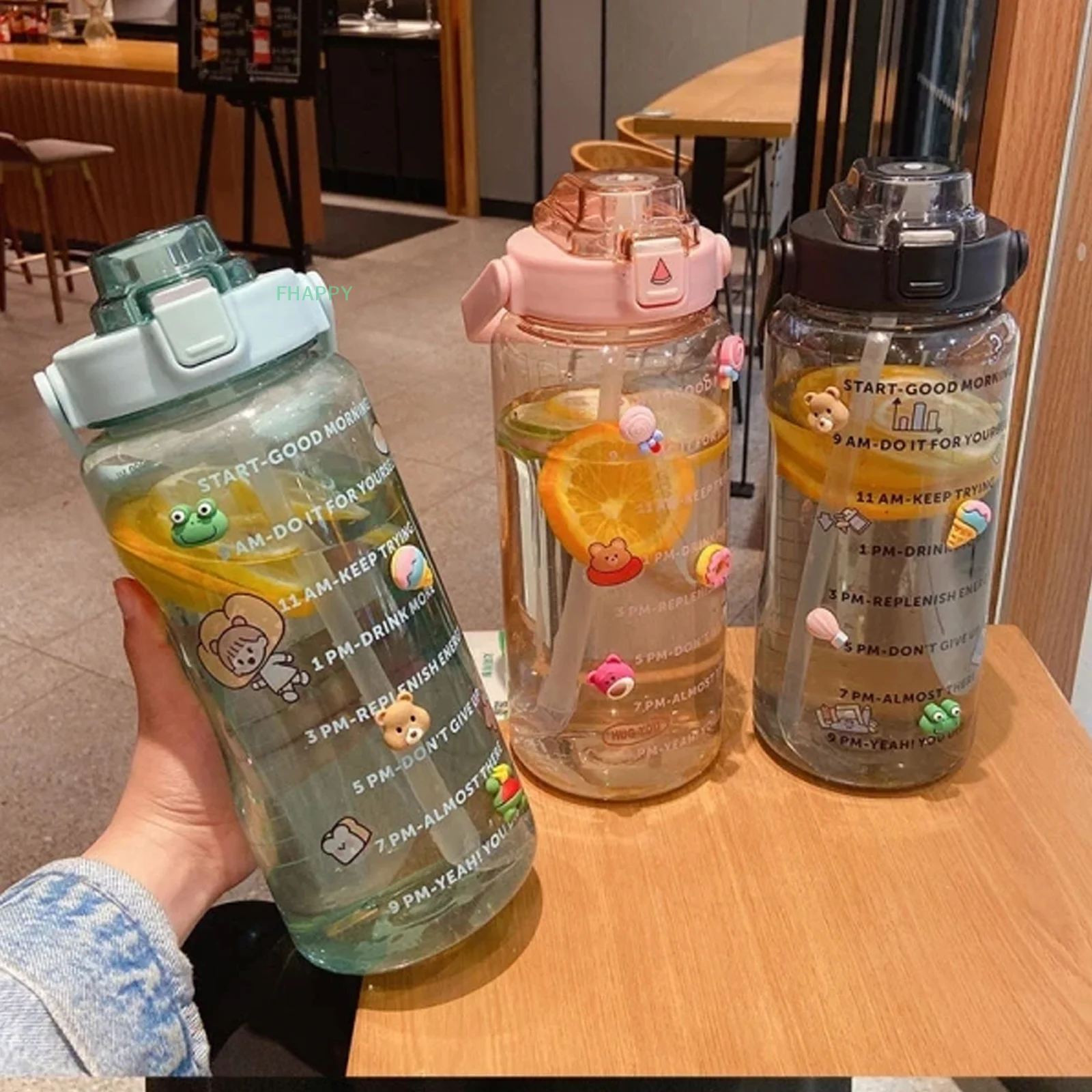 2 Liter Sports Water Bottle with Straw Female Girls Large Portable Travel Bottles Summer Cold Water Fitness Cup with DIY Sticker