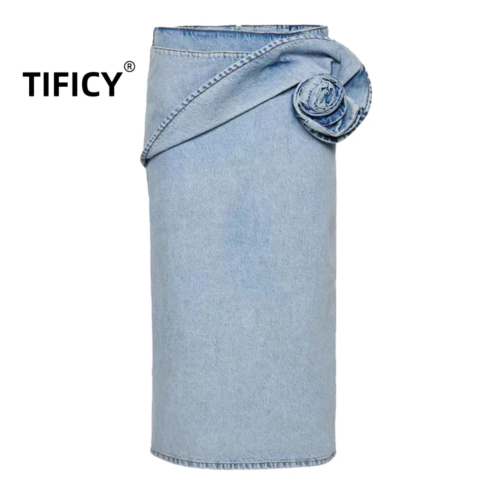 

High Street Jeans Skirts Women's Spring and Summer New Three-dimensional Pleated Rose Washed Denim Pencil Denim Skirt
