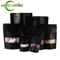 50PCS Stand Up Matte Black Paper Window Zip Lock Pack Bag Recloseable Snack Sugar Coffee Dried Fruit Candy Gifts Storage Pouches