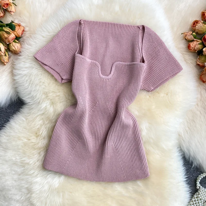 

Women's T-shirt 2024 Summer Sexy Hot Girl Solid Color Square Neck Short Sleeve Casual Basic Knitted T-shirt Top Y2k Clothes