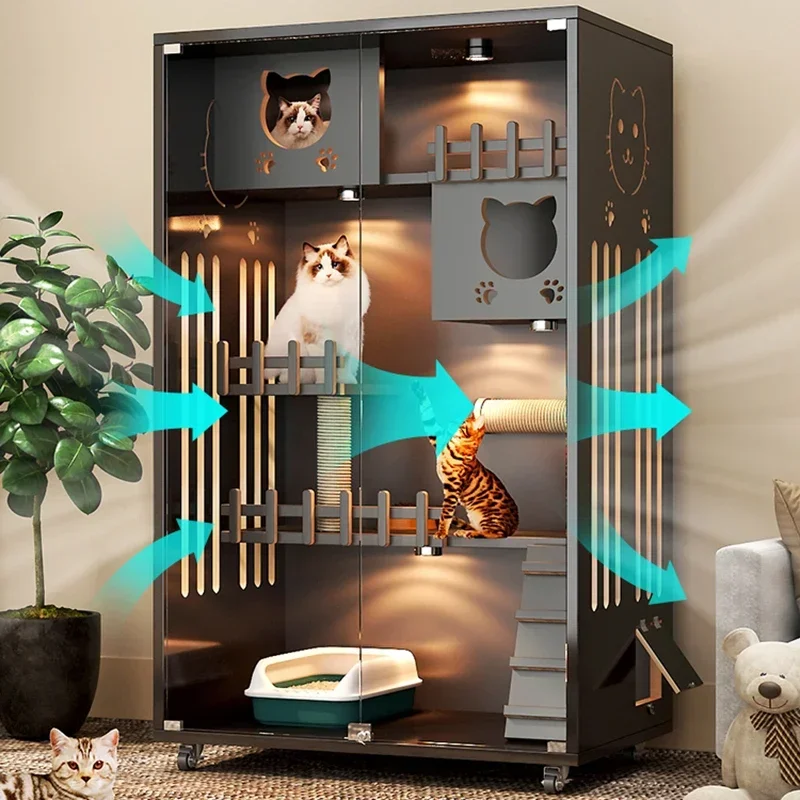 Retro Solid Wood Cat Cage for Living Room Cat House Two-layer One-piece Movable Light Luxury Creative Household Cage for Cats