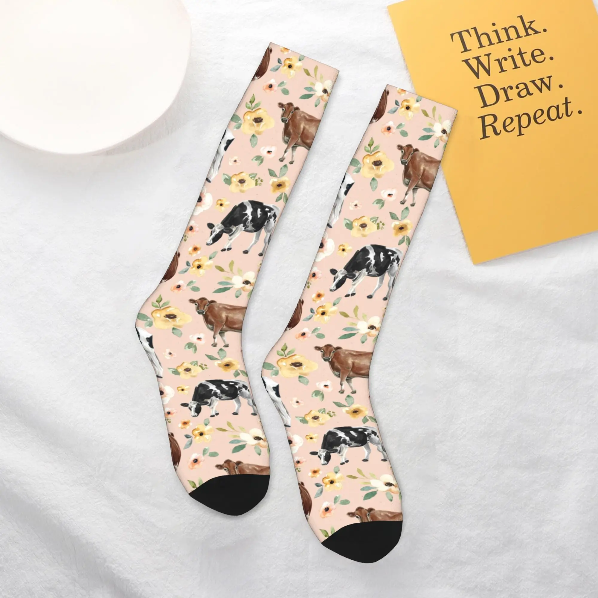 

Всесезонные чулки для экипажа, розовые носки с цветочным принтом коровы, модные длинные носки в стиле Харадзюку в стиле хип-хоп, аксессуары для мужчин и женщин, подарки