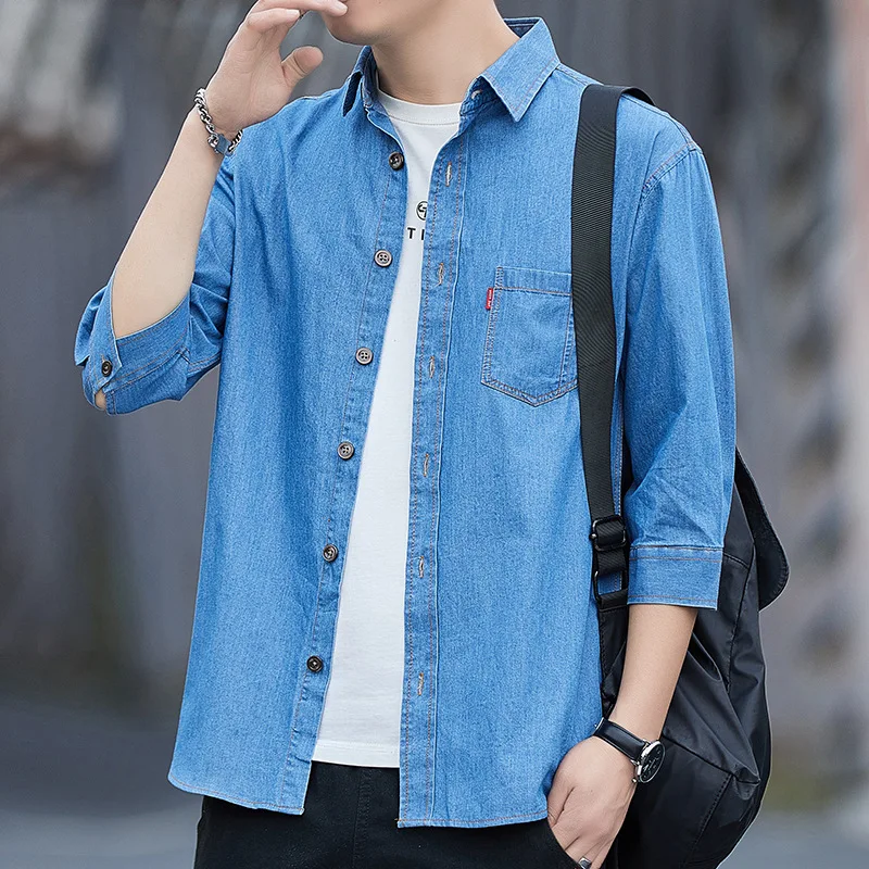 2023 Spring New Men\'s Short Sleeve Denim Shirts Autumn Korean Trend 100% Cotton Loose Casual Shirt Male Classic Thin Jean Jacket