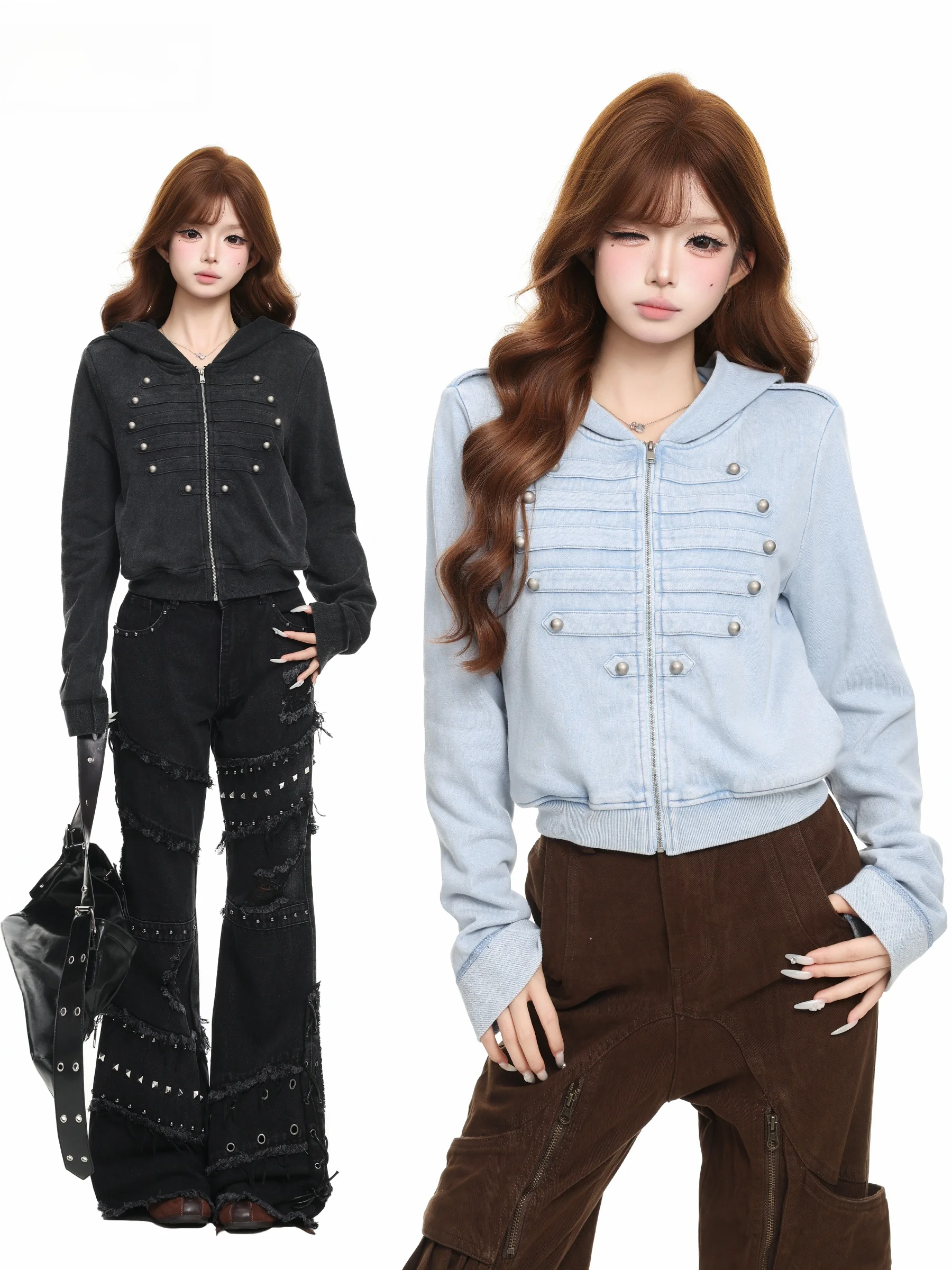 BASTERDS Washed Button-Up Short Coat Hoodie Women's Slim Fit Short Length Fashion Outerwear Casual Streetwear Style