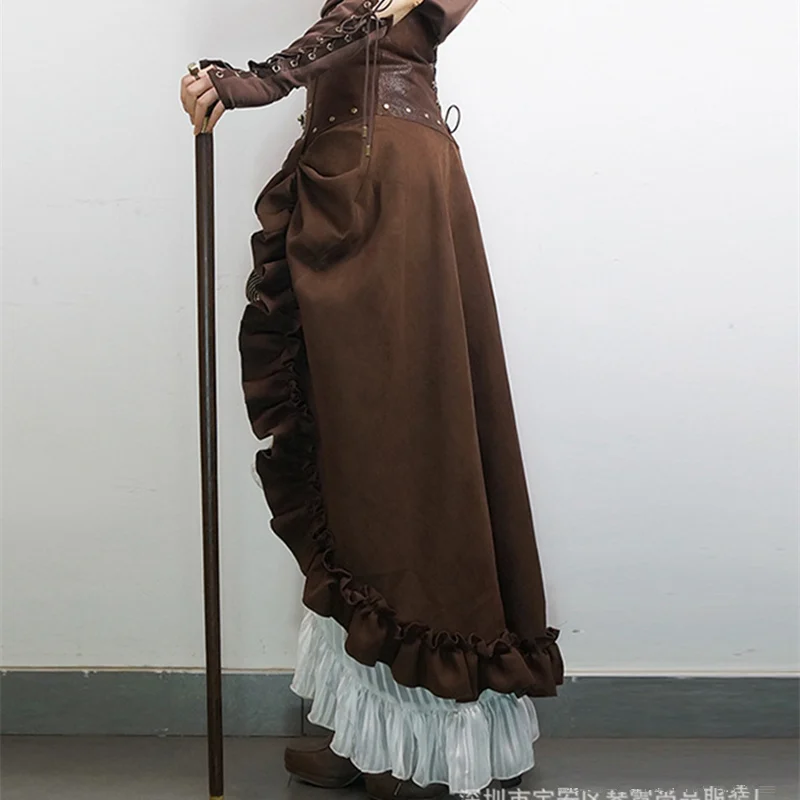 Victorian Gothic Steampunk Long Skirts Women Asymmetrical Vintage Ruffles Maxi Skirt Female Shows Dance Performance Costume