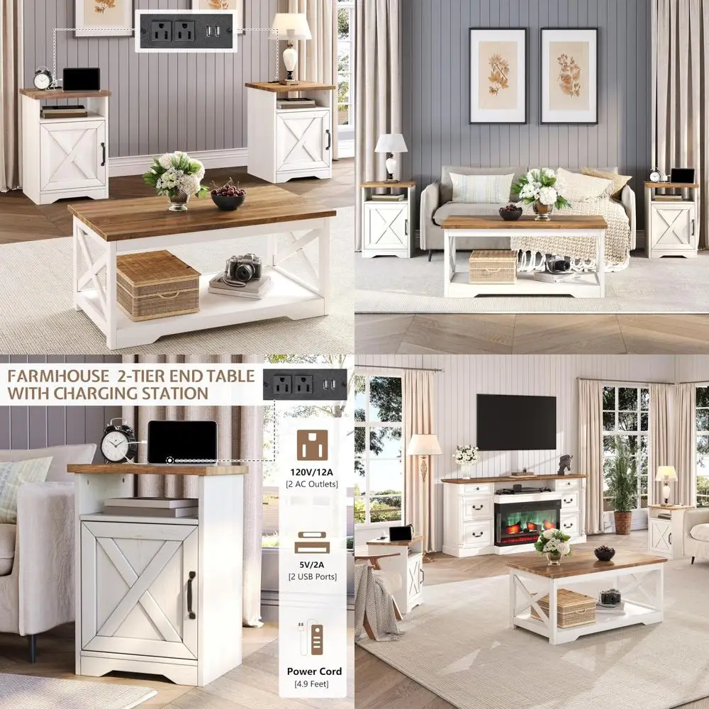 

farmhouse style living room table set with coffee table and two end tables featuring charging station & usb ports
