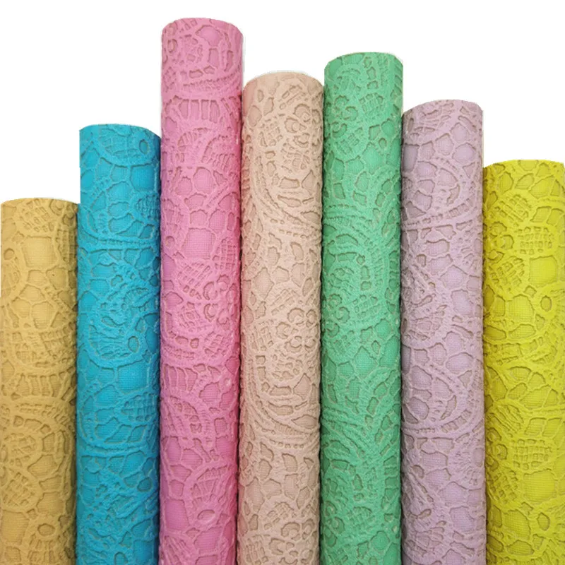 Pastel Colors Lace Embossed Synthetic Leather Vinyl Fabric Faux Leather Sheets For Bows Earrings DIY 21x29CM Q353