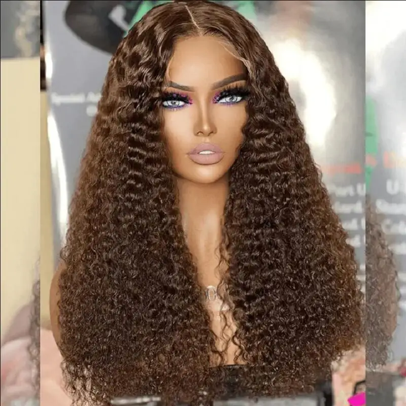 Peluca rizada de encaje Frontal para mujeres negras, pelo de bebé prearrancado, Marrón Natural, 26 ", densidad de 180