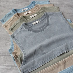 Summer New American Retro Sleeveless O-neck Soild Color T-shirt Men's Fashion 100% Cotton Washed Old Casual Sports Vest Tops