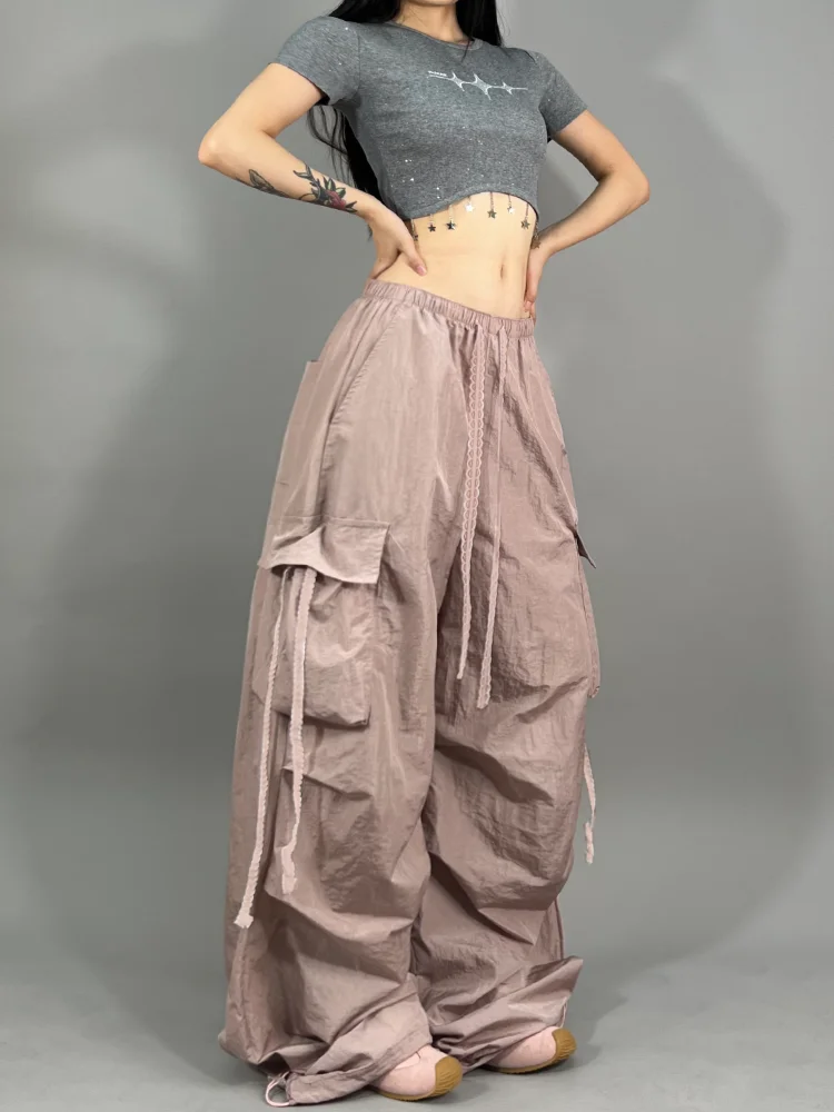 Luźne spodnie damskie w stylu jazzowym, streetwear, do pracy, amerykańskie, codzienne, asymetryczny krój, wygodny materiał nylonowy.